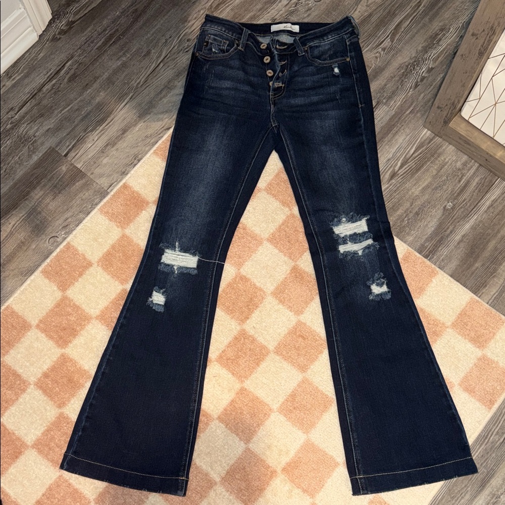 KanCan Dark Wash Distressed Flare Jeans